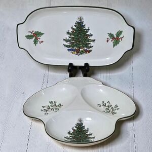 Lot Cuthbertson Christmas Tree Tray & Christmas Relish Dish Set 2 Vtg Rare